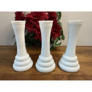 Vintage Randall Milk Glass Vases Triple Ring Base White‎ MCM Wedding Decor Retro